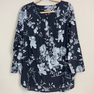 Soft Surroundings Blue Grey Floral Henley Tunic S